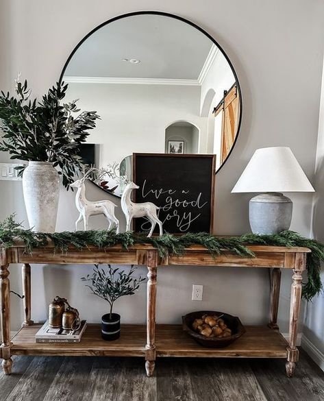 DECOR STEALS on Instagram: "To make the most of your Christmas decor (and holiday budget), opt for reindeer, gold bells, and winter greenery for a cozy look you can enjoy all winter long! Our Whitewashed Distressed Finish Reindeer and Eclectic Distressed Bells make the perfect addition to any festive display all winter long!⁠ ⁠ +TAP the link in bio for a similar look!!⁠ ⁠ 📸@austincreekfarmhouse⁠ #deerdecor #reindeerdecor #reindeerdecoration #christmasdecor #christmasdecorations #christmasdecori Christmas Dinner Centerpieces, Christmas Entryway Table, Christmas Entryway Table Decor, Entryway Table Decor Ideas, Christmas Entry, Christmas Entryway, Winter Greenery, Console Table Decorating, Neutral Christmas Decor