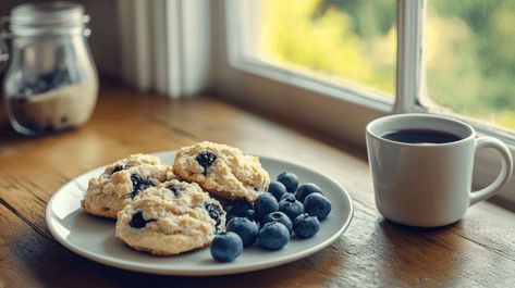 A cozy kitchen scene with a plate of blueberry scones on a simple white plate, set next to a cup of steaming coffee on a wooden table. The background shows a soft-focus view of a kitchen window with natural light streaming in, creating a warm, inviting atmosphere. Fresh blueberries and a small jar of butter or jam are placed casually next to the plate, adding a homely touch. Fun Tea Party Food, Blueberry Scones Easy, White Plate Set, Blueberry Scones Recipe, Steaming Coffee, Kitchen Scene, Scones Easy, Scones Ingredients, Mom Lifestyle