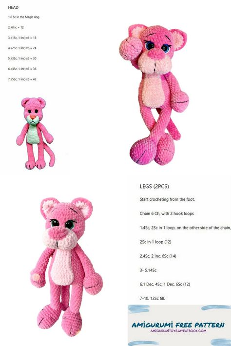 Amigurumi Pink Panther Free Pattern - Amigurumi toys Chunky Yarn Crochet Pattern, Crochet Rose Pattern, Crochet Toys Free Patterns, Crochet Dollies, Animal Knitting Patterns, Crochet Disney, Crochet Knit Stitches, Crochet Animals Free Patterns, Free Amigurumi Patterns