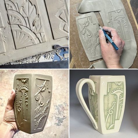 Pottery Mug Inspiration, Pottery Cup Handles, Art Deco Ceramics, Scrafito Designs, Slab Mug Ideas, Clay Handbuilding Ideas, Hand Built Ceramics, Ceramics Cup, Art Deco Pottery