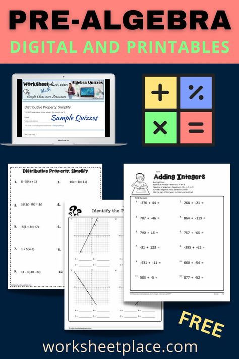 Free algebra and pre algebra worksheets for 6th to 9th grades - always free at Worksheetplace.com Pre Algebra Worksheets Free Printable, Algebra Notes High Schools, Pre Algebra Notes, 7th Grade Worksheets Free Printable, Algebra Notes, Pre Algebra Activities, Algebra Games, Pre Algebra Worksheets, High School Algebra