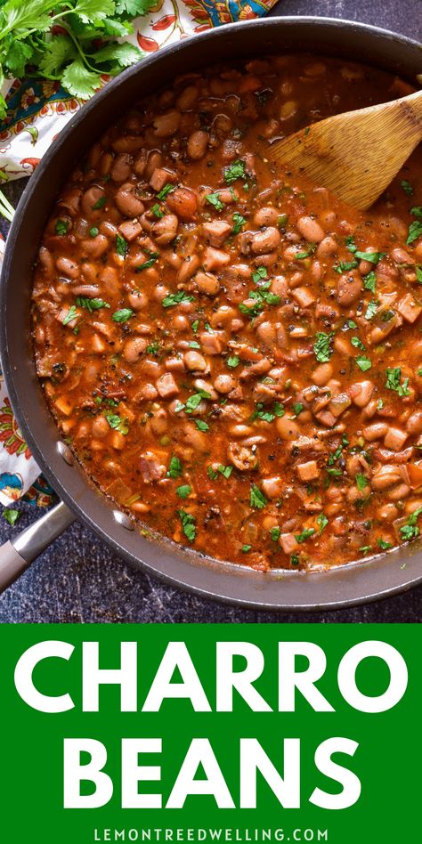 Easy Mexican Charro Beans (aka Frijoles Charros or Cowboy Beans) are guaranteed to be your new favorite side dish! Tender Pinto Beans swimming in a broth of bacon, ham, chorizo, onions, and a handful of seasonings... they're a deliciously robust dish that blows refried beans out of the water! Mexican Dishes Authentic, Mexican Charro Beans, Traditional Refried Beans, Charro Beans, Beans Recipes, Cowboy Beans, Easy Vegetable Side Dishes, Mexican Side Dishes, Sides Recipes