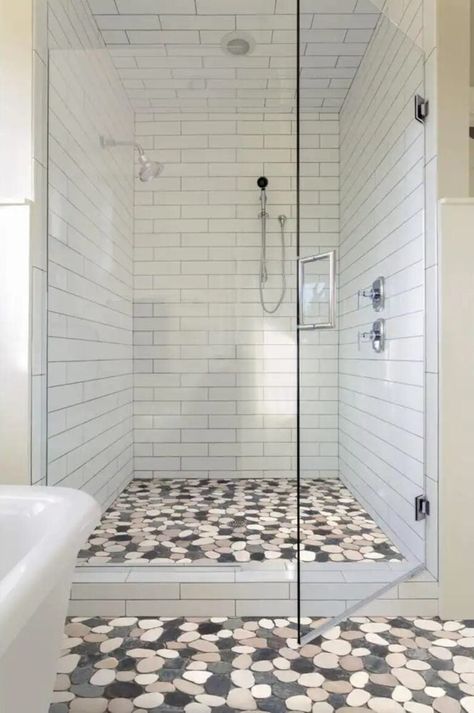 Pebble Shower Floor, Shop Tile, Scandinavian Farmhouse, Shower Floor Tile, Bathroom Remodels, Bathroom Shower Tile, Bathroom Remodel Shower, Shower Remodel, Bathroom Renos