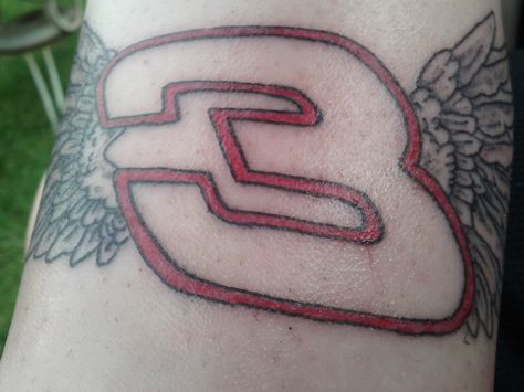 Dale Earnhart Tattoo.  It may look like any other Dale Earnhardt tattoo but this one represent my parents so it's extra special to me. #3 represents my dad who got me into watching racing especially Dale Earnhart. And the angel wings are for my mom who loved angels after my dad died and now she is my angel!! My Dad Died, White Trash Bash, White Trash Party, Trash Party, Badass Tattoos, My Angel, White Trash, For My Mom, Auto Racing