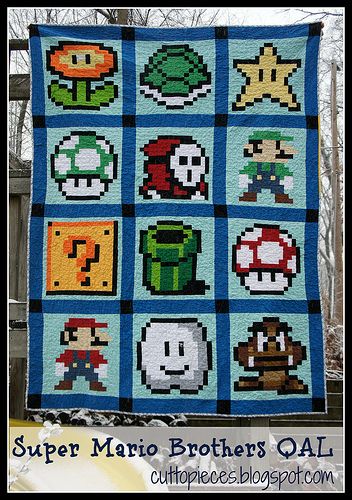 Super Mario Brothers QAL Someday... Mario Quilt, Video Game Crafts, Pixel Quilting, Geek Crafts, 8 Bits, Super Mario Brothers, Manta Crochet, Mario Brothers, Crochet Inspiration