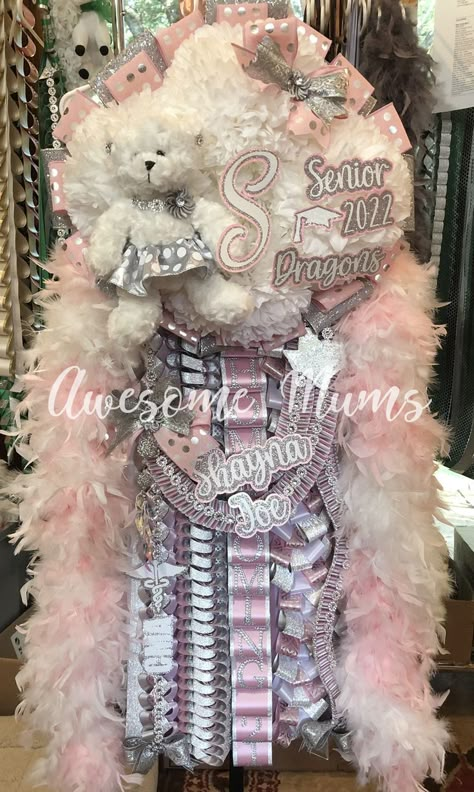 Mega Quad Mum for Southlake-Carroll High School, Southlake, TX. Pink And White Senior Mum, Pink And Silver Homecoming Mum, Pink And White Mums Hoco, Small Homecoming Mums, Mums Hoco, Pink Homecoming Mum, White Homecoming Mum, Senior Homecoming Mums, Senior Events