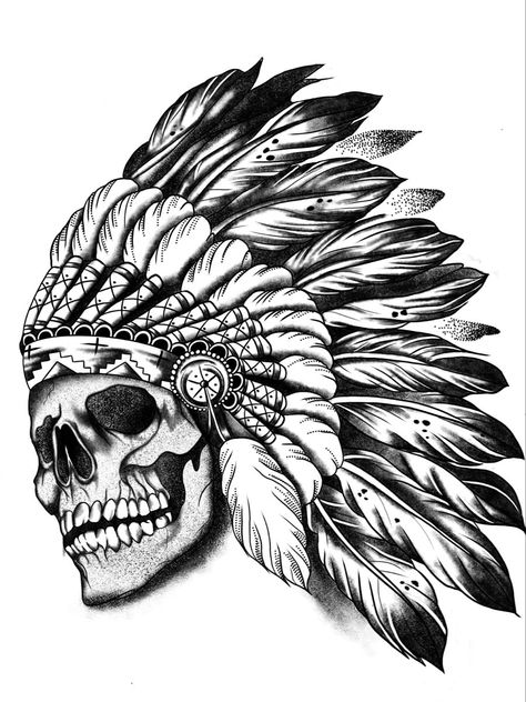 Native American Skull Tattoo Headdress, Native American Headdress Drawing, Skull Chief Tattoo, Indian Skull Drawing, Skull With Headdress Tattoo, Skull With Feathers Tattoo, Indian Skull Tattoo Design, Native American Skull Tattoo, Indian Headdress Tattoo