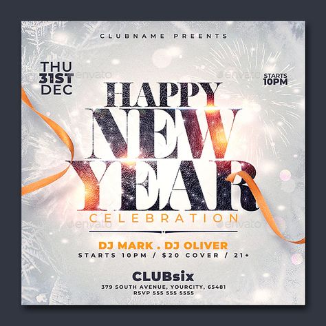 New Year Party Flyer Template PSD Christmas Flyer Template, Print Design Template, Social Media Advertising Design, Music Flyer, Flyer Design Inspiration, Flyer Layout, New Years Poster, Christmas Flyer, Event Flyer Templates