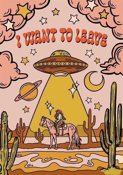 Gold Cartoon Aesthetic, Retro Cowboy Wallpaper, Hippy Cowgirl Aesthetic, Coastal Cowgirl Desktop Wallpaper, Groovy Cowgirl Aesthetic, Space Cowgirl Wallpaper, Space Cowgirl Drawing, Retro Western Aesthetic Wallpaper, Coastal Cowgirl Illustration