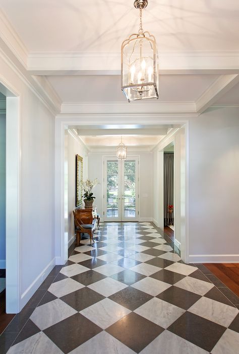 Fancy Foyer, Tile To Wood Transition, Home Renovation Loan, Wood Floor Texture, Checkerboard Floor, Home Improvement Loans, Foyer Decor, Interior Remodel, Foyer Decorating