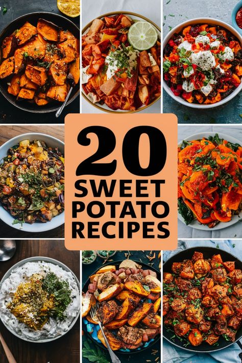 20 different sweet potato recipes displayed in individual bowls. Easy Sweet Potato Dinner, Sweet And Savory Sweet Potatoes, Savory Baked Sweet Potato Recipes, Sweet Potato Meal Ideas, Sweet Potato Main Dish Recipes, Low Cal Sweet Potato Recipes, Potato Meal Ideas, Dinner Recipes With Sweet Potatoes, Potato Dishes Healthy