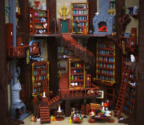 What treasures does this library hold? | The Brothers Brick | The Brothers Brick Lego Bookshop, Lego Backgrounds, Lego Wizard, Lego Museum, Potion Brewing, Lego Library, Lego Houses, Lego Halloween, Lego Medieval