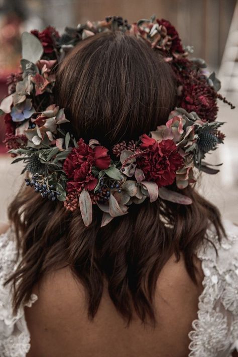 Boho Shoot, Dark Red Wedding, Elopement Flowers, Red Flower Crown, Horse Photoshoot, Dark Wedding Theme, True Bride, Wedding Colors Red, Red Wedding Theme