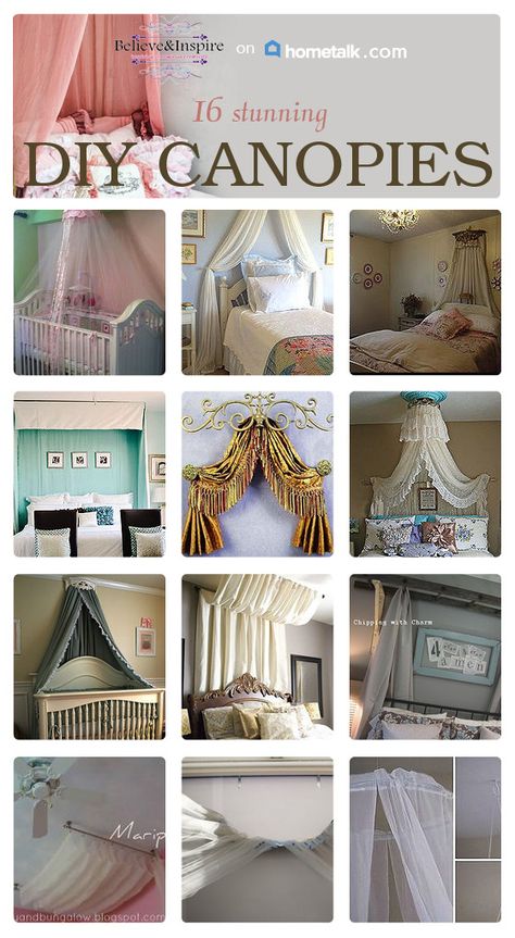 16 DIY Canopies To Make. So many different ideas to make a canopy. This post is a must to check out for a canopy lover. Bed Canopies, Canopy Bed Diy, Canopy Beds, Diy Canopy, Bed Design Modern, Princess Room, Bed Canopy, Daughters Room, Canopy Bed