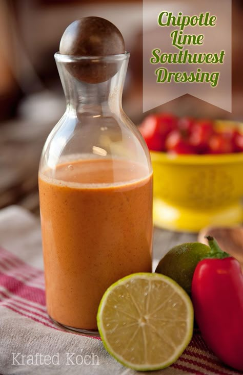 Chipotle Lime Southwest Dressing - Krafted Koch - A spicy dressing made with chipotle peppers in adobe sauce, fresh lime juice, southwest spices and a bit of creaminess from Greek yogurt. Southwest Dressing, Adobe Sauce, Salad Dressing Recipes Healthy, Spicy Salad, Chipotle Peppers, Chicken Taco, Healthy Salad Dressing, Balsamic Dressing, Homemade Salads