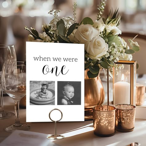 These minimalist wedding table numbers will have all of your guests nostalgic for your younger days!  Three sizing options included: 4x6 inches, 5x7 inches, and 8x11 inches Be prepared to add your own photos at each age to your template.  With Canva, you can keep your photos in color or change them to black and white (greyscale) as seen in the photo.  There are 30 table number pages in this template. With Canva, you can add more by duplicating the page and changing the number. You can also delete unused pages.  Save 50% when you buy three items or more! Use code SAVE50 at checkout! How to order and create your files: 1. Place the order on Etsy 2. Create a FREE Canva account at www.canva.com 3. Download a PDF guide with instructions to access the template 4. Upload your own photos to add to Table Number Photos Wedding, Diy Table Numbers For Wedding, Elegant And Whimsical Wedding, Cheap Table Number Ideas, Fun Wedding Table Decorations, Table Numbers Wedding Ages, Wedding Picture Table Numbers, Rustic Table Number Ideas, Nostalgic Wedding Ideas