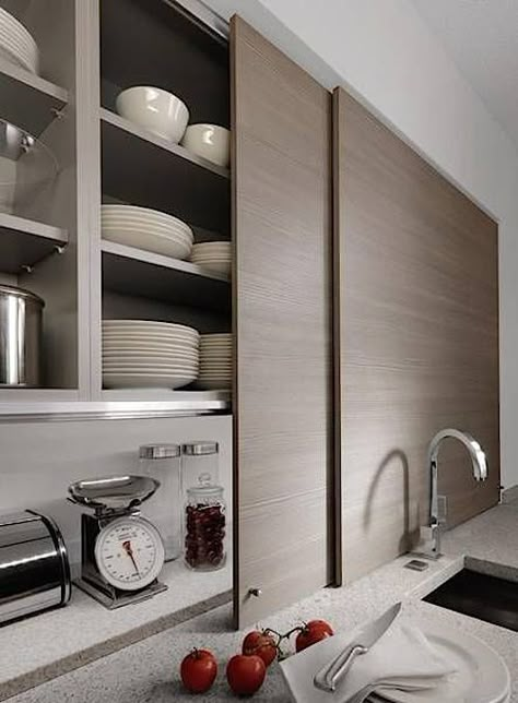 Sliding Cabinet Doors, Kabinet Dapur, Best Kitchen Cabinets, Hidden Kitchen, Smart Tiles, High End Kitchens, Kitchen Furniture Design, Kitchen Tops, Kitchen Fittings