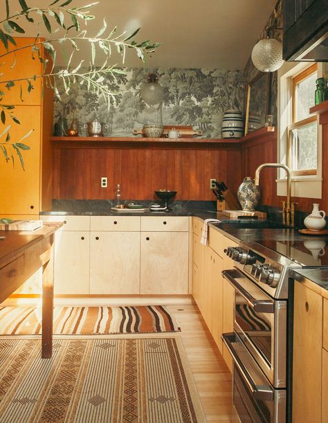 Romantic Home Kitchen with Wallpaper and Wood Paneling 70s Wood Paneling Kitchen, Painted Wood Paneling Kitchen, Eclectic Style Kitchen, 70s Wood Kitchen, Light Wood Modern Kitchen, Rugs In Kitchens, Wood On Wood Kitchen, Wood House Kitchen, Wood Paneling Kitchen