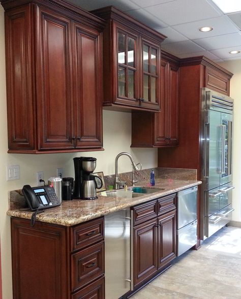 Red Cherry Rope cabinets with decorative end doors and Typhoon Bordeaux granite. Cherry Wood Kitchen Cabinets, Cherry Wood Kitchens, Cherry Wood Cabinets, Update Kitchen Cabinets, Kitchen Vent, Cherry Kitchen, Cherry Cabinets, Wood Kitchen Cabinets, Kitchen Cabinet Doors