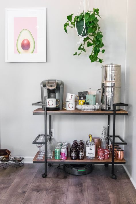 Coffee Bar Cart Ideas, Apartment Coffee Bar, Alcohol Storage, Bar Cart Ideas, Bar Cabinet Design, Coffee Bar Cart, Lily Ann Cabinets, Alcohol Bar, Small Laundry Room Organization