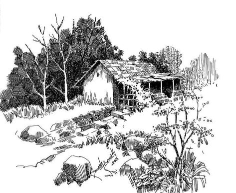 Hut Sketch, Shack Drawing, Woodhouse Drawing, Simple House Sketch, Trees Pen Sketch, Cabin Sketch Drawing, Woods Sketch Trees, Pen Work Landscape, Pencil Sketches Landscape