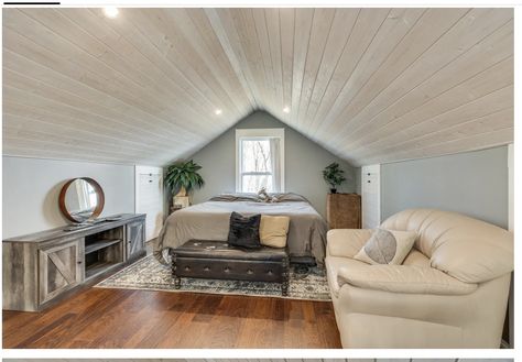 Angle Ceiling Bedroom Ideas, Above Garage Bedroom Layout, Guest Bedroom Above Garage, Bonus Room Above Garage Bedroom, Room Over Garage Ideas Bedrooms, Bedroom Above Garage, Garage Turned Into Master Suite, Garage Turned Master Suite, Open Concept Attic Master Suite