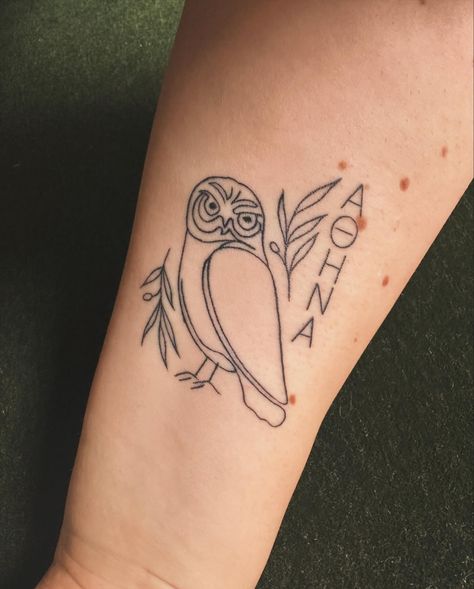 Felt spontaneous - got a tattoo 😉❤️! Thank you @flornamentaltattoo for an amazing tattoo! I’m obsessed! 🔹 Owl 🦉 of Athena (Aohna) - for my love of not only Greek Mythology but also the amazing trip I had to Athens Greece. Also thank you @xoxo_mrsthomas & @dfinneyfrock for going with me and hanging out literally all day (😉😒). So many memories 🫀🖤! Now I’m hooked and I want more hahaha. #firsttattoo #owlofathena #greekmythology #tattooart #tattooed #iwantmoretattoos #athena #athens Athena Tattoo Simple, Athena Tattoo Minimalist, Spqr Tattoo, Athena Aesthetic, Owl Of Athena, Athena Cabin, Athena Tattoo, Greek Tattoo, Pagan Tattoo