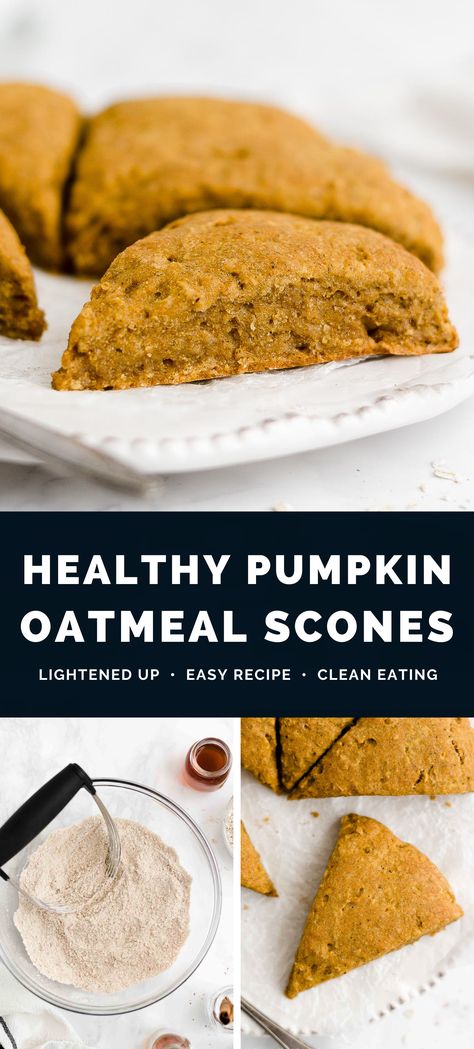 This is the BEST pumpkin scones recipe! Really moist, full of spices & perfect for fall. Quick & easy to make too — less than 30 minutes of prep! Oats help keep these healthy pumpkin scones soft. Yup, even with no eggs or cream! They’re SO good!! (clean eating, no refined sugar, and great gluten free, dairy free & vegan options) ♡ Pumpkin spice scones recipe. Healthy vegan pumpkin scones. Easy healthy pumpkin scones. Best moist pumpkin scones. Pumpkin scones recipe no egg. Oat Flour Pumpkin Scones, Oatmeal Scones, Healthy Scones, Pumpkin Scones Recipe, Easy Clean Eating Recipes, Scones Recipe Easy, Healthy Food Recipes Clean Eating, Pumpkin Scones, Pumpkin Oatmeal