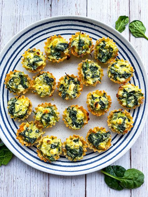 Spanakopita Bites (Easy!) - Tastefully Grace Spanakopita Bites, Easy Spanakopita, Phyllo Appetizers, Philo Dough, Small Plates Recipes, Phyllo Shells, Kitchen Pop, Phyllo Cups, Mini Appetizers