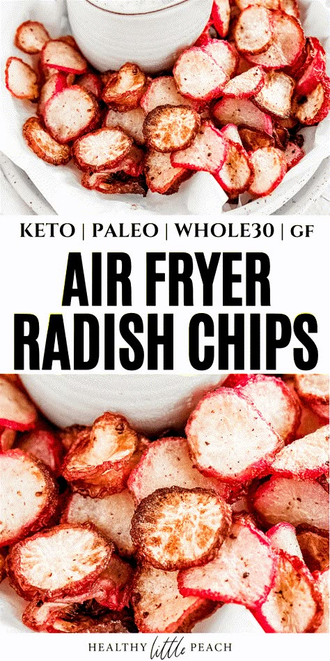 Air Fryer Radish Chips that are the perfect snack, appetizer or side dish. Serve them with my homemade ranch dressing to take them over the top. Paleo, Keto and Whole30. 7 NET CARBS per serving. Air Fried Radishes Keto, Air Fry Radish Chips, Air Fryer Radish Recipes, Keto Maintenance Phase, Radish Air Fryer Chips, Radish Air Fryer, Keto Air Fryer Radishes, Air Fried Radish Chips, Air Fry Radishes