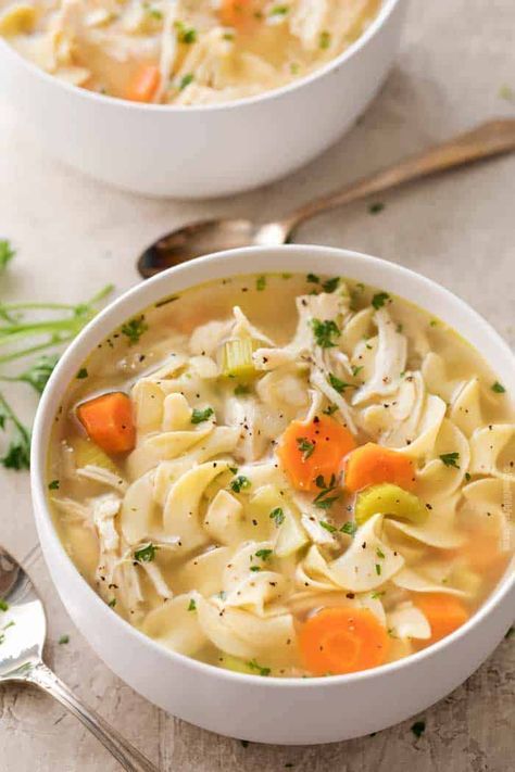 Soul-warming and hearty, this crockpot chicken noodle soup is a homemade version of the classic comfort food you grew up with! #chickennoodle #crockpotrecipe #slowcookerrecipe #chickensoup #spendwithpennies Crockpot Chicken Noodle Soup Recipes, Crockpot Chicken Noodle Soup, Chicken Noodle Soup Recipe Homemade, The Chunky Chef, Chicken Noodle Soup Crock Pot, Chunky Chef, Creamy Chicken Noodle Soup, Chicken Noodle Soup Recipe, Crockpot Dinners