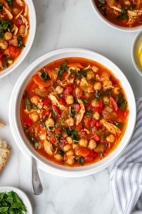 This healthy one-pot Mediterranean-inspired chickpea chicken soup is easy to make, full of flavor, and packed full of protein and fiber.