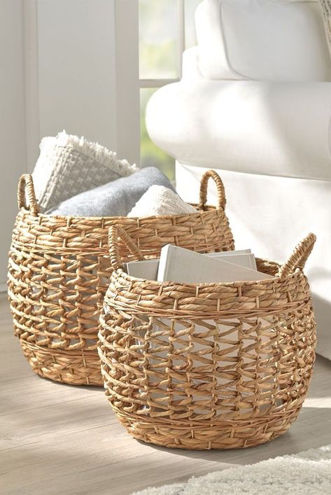 Basket Next To Tv Stand, Rattan Basket Storage, Living Room Basket For Blankets, Decorative Baskets Living Room, Wicker Basket Ideas, Basket Of Blankets, Living Room Basket Decor, Rattan Ideas, Living Room Basket