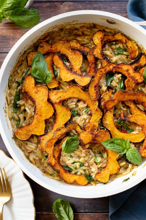 Creamy Orzo and Acorn Squash Squash Orzo, Creamy Squash, Vegetarian Gourmet, Dairy Free Thanksgiving, Creamy Orzo, Acorn Squash Recipes, Autumn Food, Quick Vegan, Squash Pasta