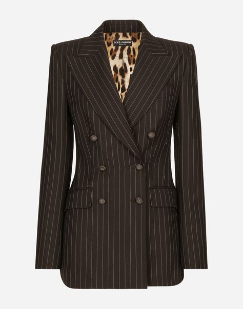 Double-breasted pinstripe wool Turlington jacket in Multicolor | Dolce&Gabbana® Dolce Gabbana Jacket, Brown Pinstripe, Peak Lapel, Double Breasted Jacket, Dolce E Gabbana, Striped Blazer, Double Breasted Blazer, Dolce & Gabbana, Jacket Sale