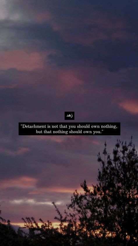 "Detachment is not that you should own nothing, but that nothing should own you." - 'Ali (ra) - Detachment Is Not That You Own Nothing, Detachment Wallpaper Aesthetic, Detachment Wallpaper, Detachment Aesthetic, Detachment Quotes, Creative Pics, Sunset Quotes Instagram, Quotes Instagram, Love In Islam