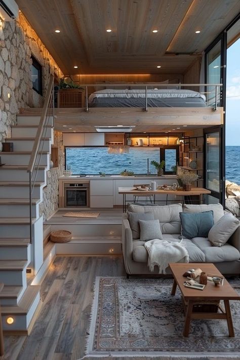 Tiny Homes Tiny Beach House Design, Luxury Tiny House Interior, Tiny Home Aesthetic, Tiny House Beach, Modern Tiny House Interior, Mini Beach House, Small Beach House Interior, Beach Loft, Beach Tiny House