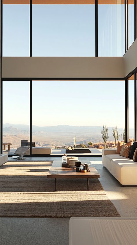 Modern desert home with expansive windows offering stunning views. Modern Desert Home Interiors, Modern Desert Home, Basement Laundry Room, Hillside House, Basement Laundry, Modern Desert, Desert Homes, Retirement Home, New Builds