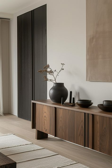 Japandi Furniture: Key Pieces for Your Minimalist Interiors - Quiet Minimal Japandi Interiors Black, Japandi Credenza, Japandi Furniture Design, Interior Minimalist Design, Japandi Interiors Living Room, Japandi Style Interior Design, Minimal Furniture Design, Minimalism Interior Design, Japanese Furniture Design