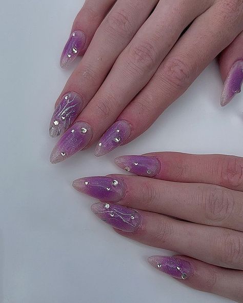 Purple Nails Jelly, Purple Ethereal Nails, Purple Jelly Nails Acrylic, Purple Gem Nails, Jelly Purple Nails, Shiny Purple Nails, Purple Nails With Gems, Purple Jelly Nails, Translucent Nails