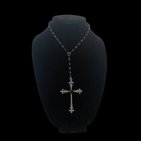 gothic chunky rhinestone cross rosary inspired necklace Rosary Necklace Aesthetic, Cross Necklace Aesthetic, Goth Rosary, Rosary Inspired Necklace, Gothic Cross Necklace, Black Cross Necklace, Emo Accessories, Clothing Templates, Cross Rosary