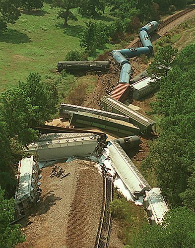 8/5/01--Twenty railroad cars belonging to the Burlington Northern Railroad derailed at about 3:30 a.m. Sunday morning in Magnolia, TX.  Three of the cars contained chemicals that are considered corrosive.  The engineer and conductor were the only people on board and neither were injured. Derailed Train, Railway Accidents, Union Pacific Train, Train Crash, The Engineer, Railroad Pictures, Burlington Northern, Accidents Happen, Railroad Photography