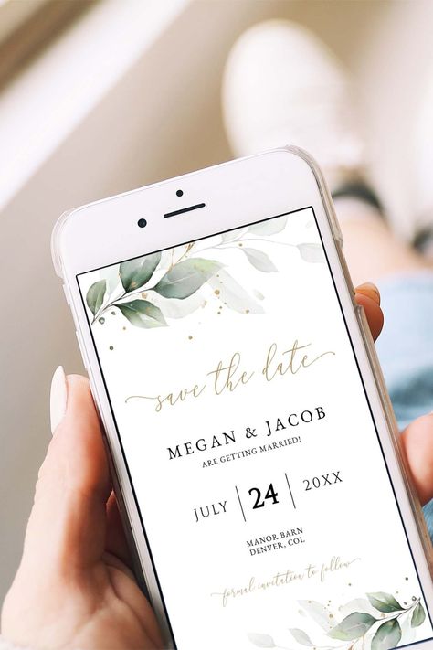 Save The Date Text, Greenery Wedding Theme, Save The Date Online, Digital Save The Date, Electronic Save The Date, Phone Template, Modern Save The Dates, Save The Date Template, Eucalyptus Wedding