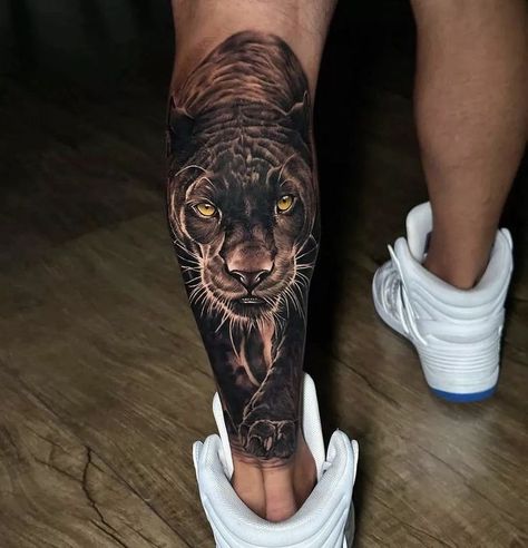 Tato Panda, Tato Naruto, Calf Tattoo Men, Animal Tattoos For Men, Black Panther Tattoo, Tiger Tattoo Sleeve, Jaguar Tattoo, Best Leg Tattoos, Animal Sleeve Tattoo