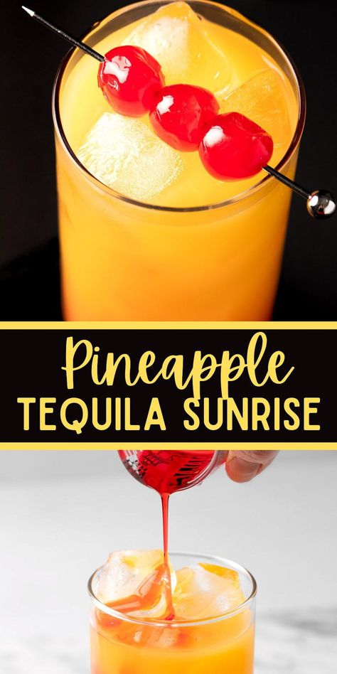 This Pineapple Tequila Sunrise is a delicious twist on the classic tequila sunrise recipe. This cocktail recipe uses pineapple juice instead of orange juice, but still has the classic sunrise layers. Pineapple Tequila Sunrise, Tequila Sunrise Pitcher, Pineapple Juice Drinks Alcohol, Pineapple Sunrise Drink, Tequila Pineapple Drinks, Cocktail With Pineapple Juice, Pineapple Juice Cocktails, Tequilla Cocktails, Pineapple Tequila