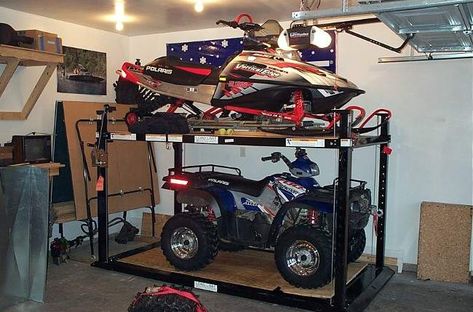 Sled Lift Plans Snowmobile Storage, Snowmobile Trailer Ideas Enclosed, Snowmobile Storage Rack, Snowmobile Helmet Rack, Motorbike Storage, Atv Storage, Snowmobile Lift, Car Stacker, Garage Hoist Storage Lifts Direct