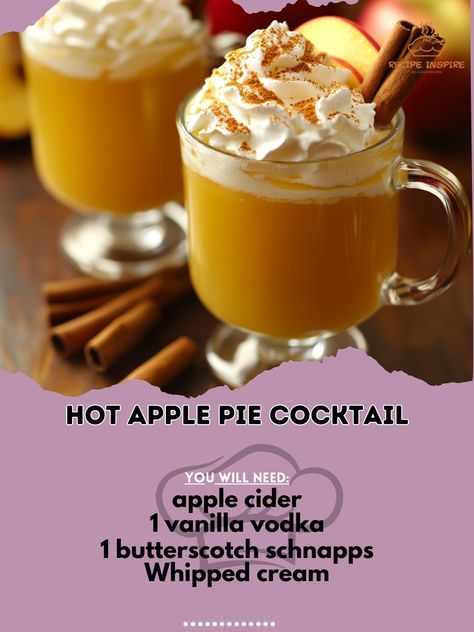 🍎🥧 Fancy a cozy and delicious drink that tastes like apple pie? Try this Hot Apple Pie Cocktail recipe! 🍂✨ Hot Apple Pie Cocktail Ingredients: - 1 cup apple cider (240ml) - 1/4 cup vanilla vodka (60ml) - 1/4 cup butterscotch schnapps (60ml) - Whipped cream - Cinnamon sticks - Ground cinnamon Instructions: 1. In a saucepan, heat apple cider until warm. 2. Stir in vanilla vodka and butterscotch schnapps. 3. Pour the mixture into a mug. 4. Top with whipped cream and sprinkle with ground cinna... Butterscotch Schnapps Drinks, Apple Cider And Carmel Vodka, Cocktails With Butterscotch Schnapps, Apple Cider Caramel Vodka Cocktail, Apple Cider And Butterscotch Schnapps, Apple Pie Cocktail, Vanilla Vodka, Cocktail Ingredients, Adult Beverages