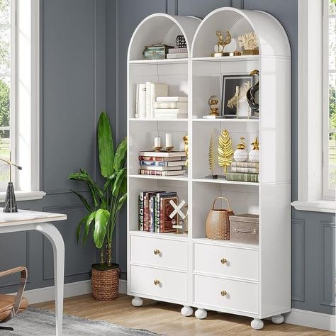 74.8" White Bookcase, Modern Bookshelf with 2 Drawers and 4 Shelves - Bed Bath & Beyond - 38398103 Arched Bookshelf, Bookcase Modern, Bookcase White, Home Office White, White Bookshelves, Tall Bookcase, Modern Bookshelf, Tall Bookcases, Furniture Bookshelves