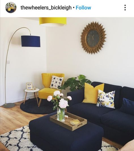 Navy Yellow Living Room, Blue And Mustard Living Room, Mustard Living Room, Mustard Living Rooms, Blue Sofas Living Room, Blue Couch Living Room, Navy Sofa, Funky Living Rooms, Sitting Room Decor