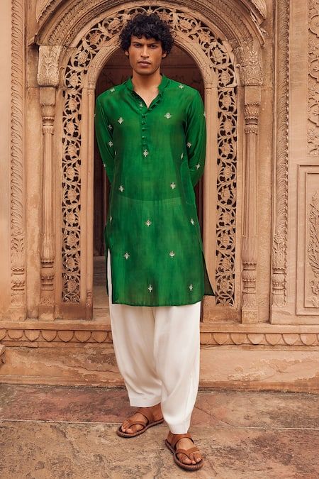 Men Navratri Kurta Design, Luxury Green Raw Silk Sherwani, Printed Mens Kurta, Luxury Dola Silk Unstitched Wedding Suit, Mehendi Kurta For Men, Transitional Embroidered Raw Silk Lawn Suit, Eid Chanderi Kurta With Dabka Work, Traditional Silk Sherwani With Dabka Work, Transitional Silk Lawn Suit With Zari Work